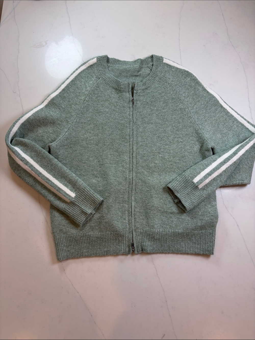 Women's Zip-Front Knit Sweater Jacket - Sage with White Stripes